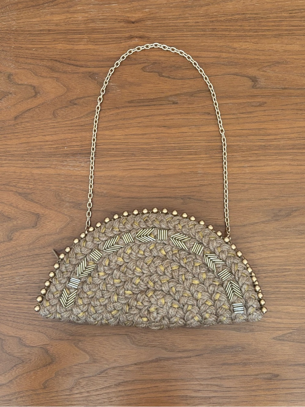 Dhaaga Handcrafted Taupe Knit Half-Moon Clutch with Gold Accents